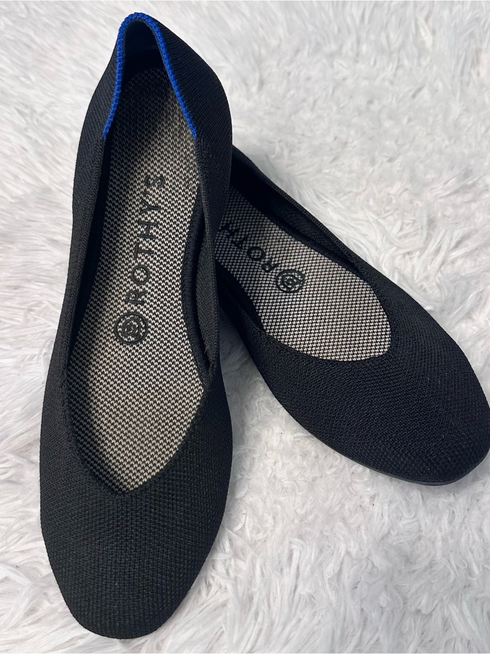 Rothy's Black Daily Knit Ballet Flats with Blue Trim